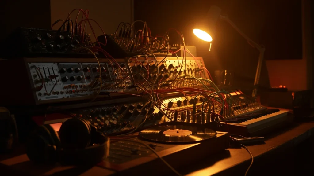 A dimly lit music studio featuring an array of synthesizers and a vinyl record on a table.